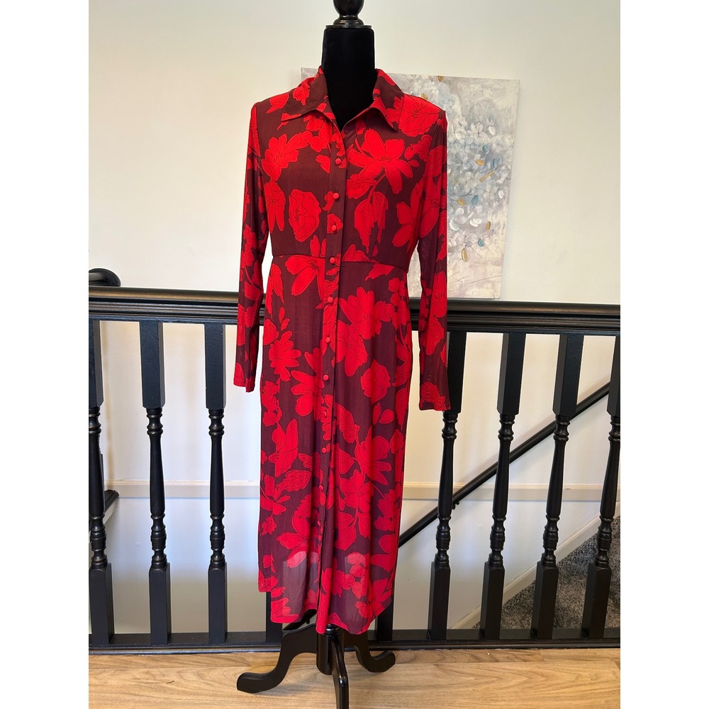 Cabi Fall 2022 Red Floral Mesh Midi Shirt Dress Long Sleeve Small NEW